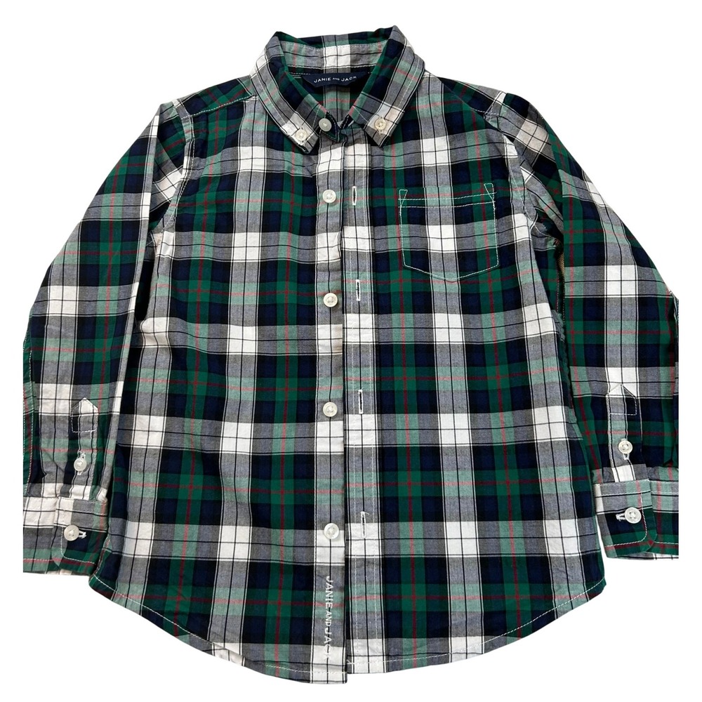 Janie and Jack Plaid Long Sleeve Button Down Shirt Green Navy White Boys Size 3